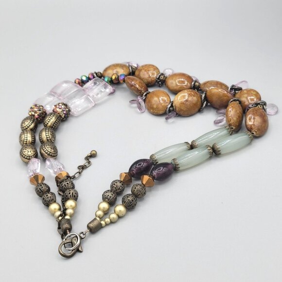 Handmade Chunky Boho Necklace Quartz Stones Metal Accents AB Beads Lobster Clasp - Picture 8 of 10